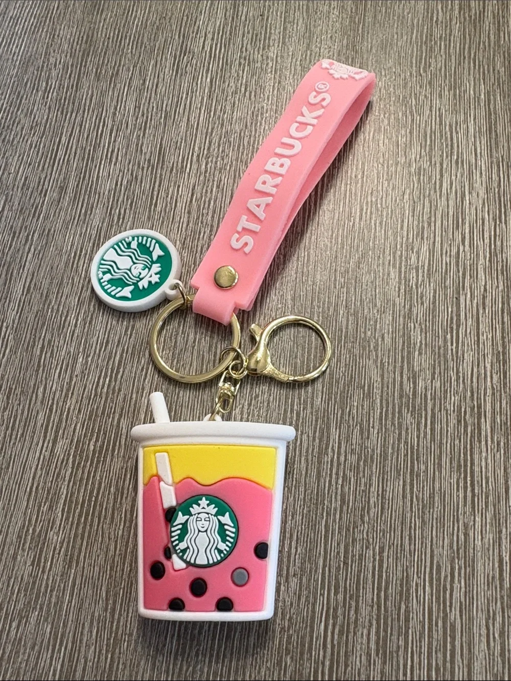 Starbucks Pink and Yellow Bubble Tea Keychain Strap with Gold Hardware